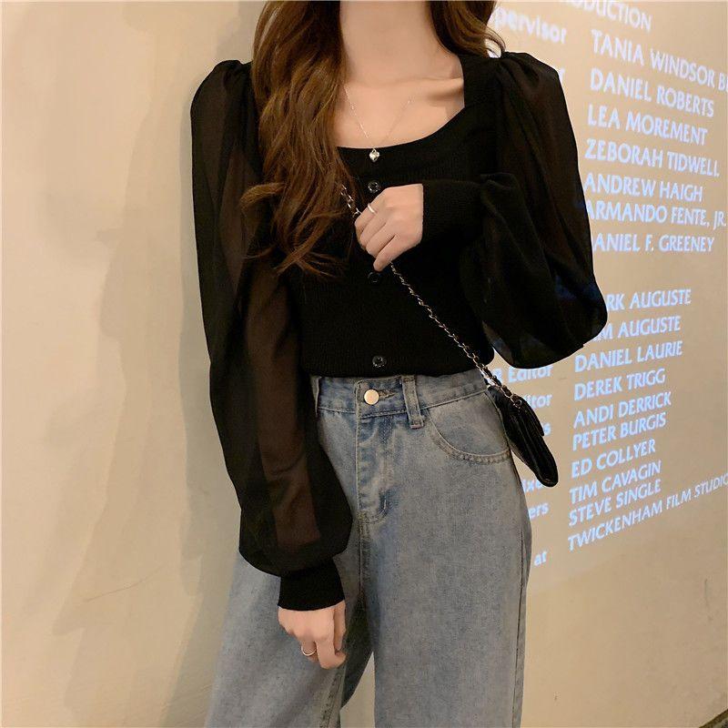 

Французский нежный стиль вязаный топ для женщин, дизайн с коротким квадратным вырезом и длинным рукавом для весенне-осеннего сезона M