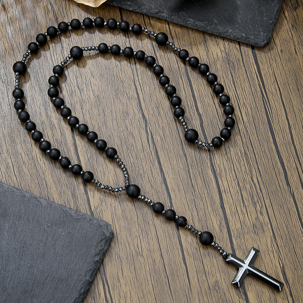 Natural Stone Black Agate Tigers Eye Cross Necklace For Men Hip Hop Jewelry