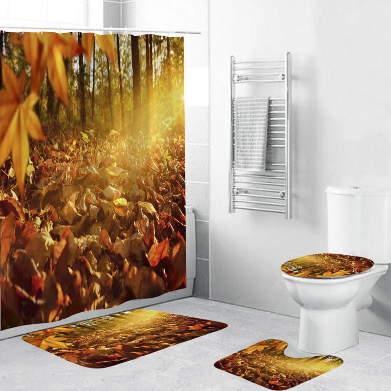 Forest Leaves Trail Waterproof Bathing Shower Curtain Set With 12 Hooks Toilet Covers Bath Mat For Bathroom Non-Slip Rug Carpet