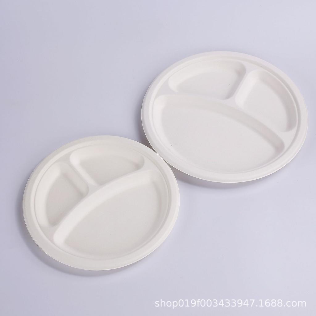 9"/10" 50pcs Disposable Sugarcane Pulp Three Grid Compostable Paper Tableware Degradable Picnic Pizza Party Dishes Dinner Plates