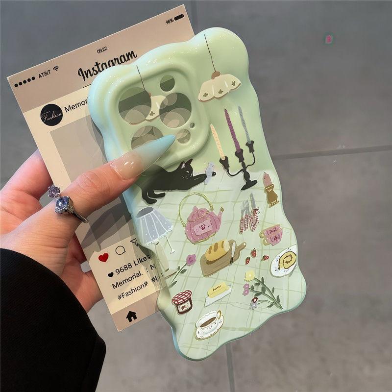 Afternoon tea black cat illustration applies to Apple 17 Wave Cloud 16Pro mobile phone case 14/15 three-dimensional 12 girl 13