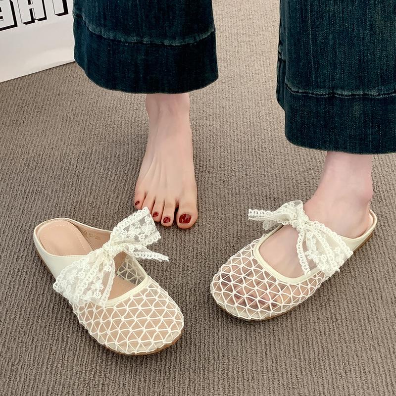 Baotou Half Slippers Women's Outer Wear 2025 Spring and Summer New Low-heeled Lace Bow Mary Jane Cool Slippers