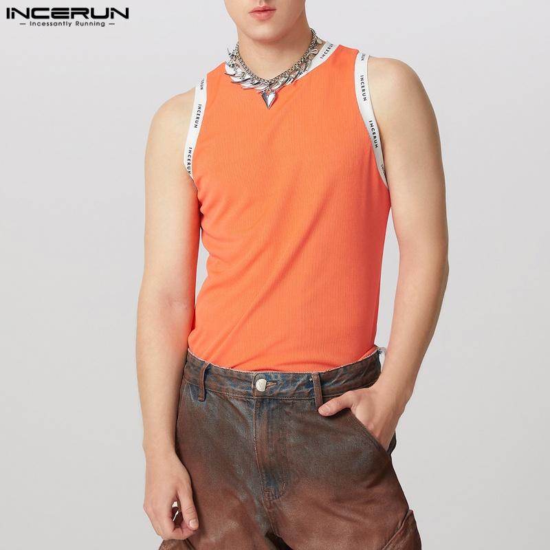 INCERUN Men Round Neck Sleeveless Print Patchwork Rib Sport Summer Tank Tops