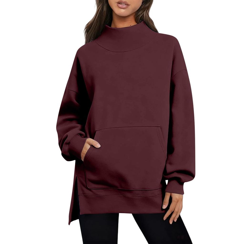 Womens Oversized Sweatshirts Turtleneck Side Slit Solid Color Long Sleeve Pullover Trendy Outfits Clothes with Pocket