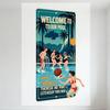 Vintage Tropical Pool Welcome Metal Tin Sign, Teal Blue Retro Sign with Palm Trees Pool Scene, 'WELCOME TO OUR POOL' & Safety No