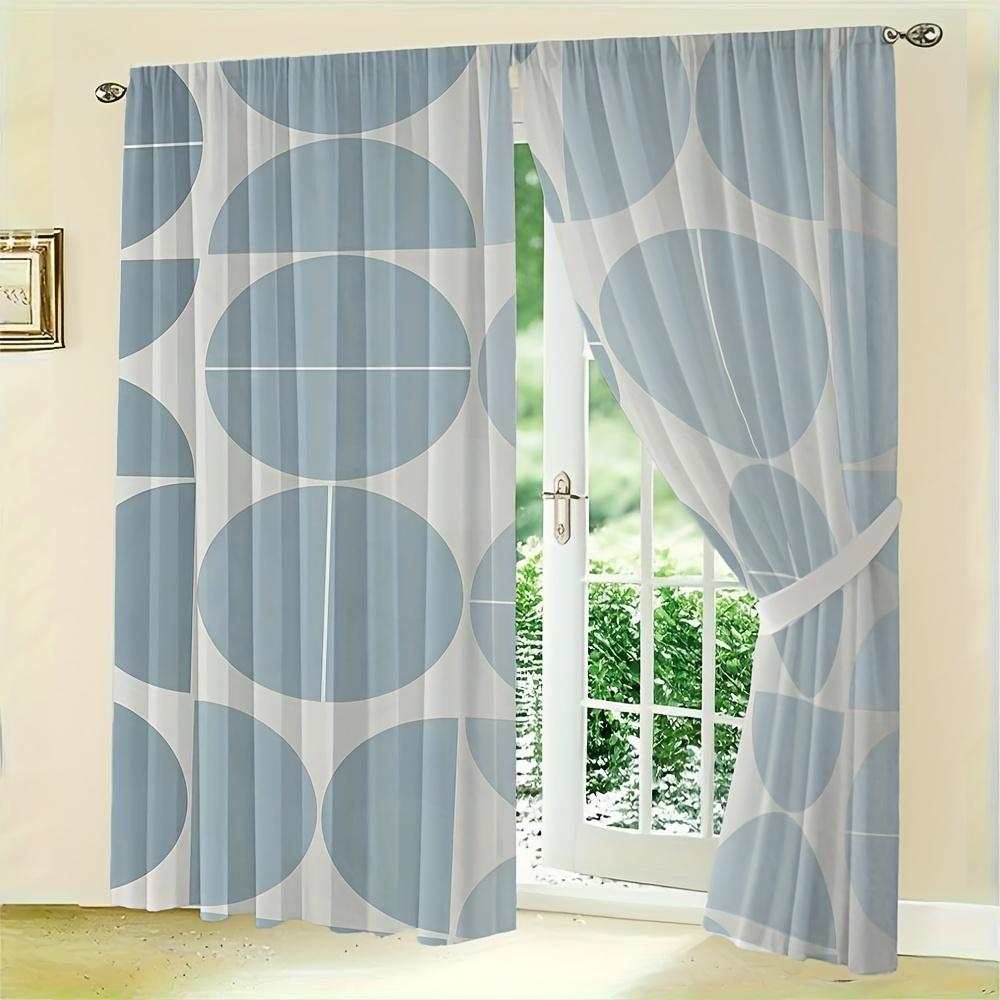 2Pcs Mid-Century Geometric Curta No Rod — Light Blue & Cream Circle Pattern, Sheer Polyester For Living Room, Bedroom, Door