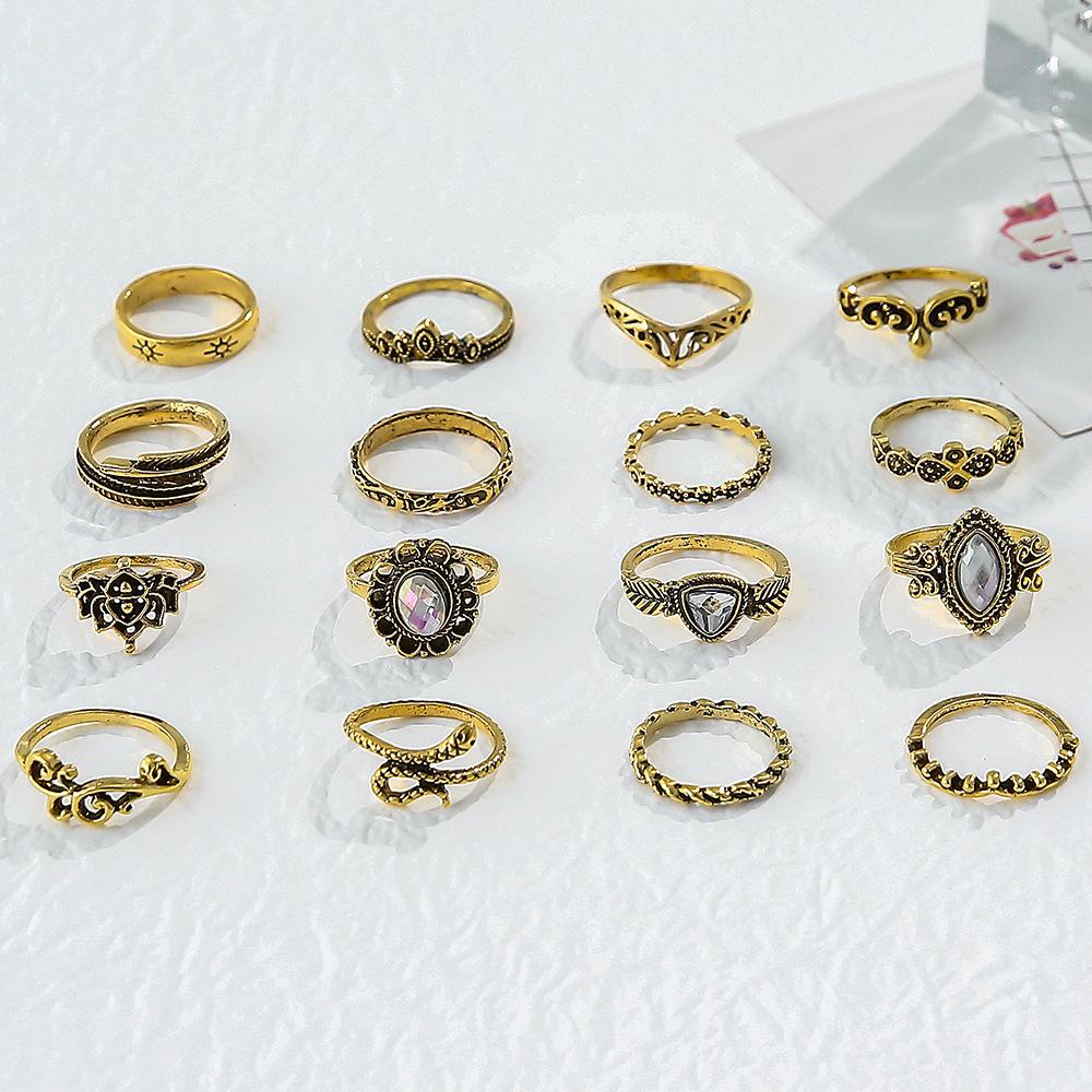 Europe and The United States New Ring Retro Exaggerated Hollow Carved Snake-shaped Feather Gem 16-piece Combination Ring Foreign Trade