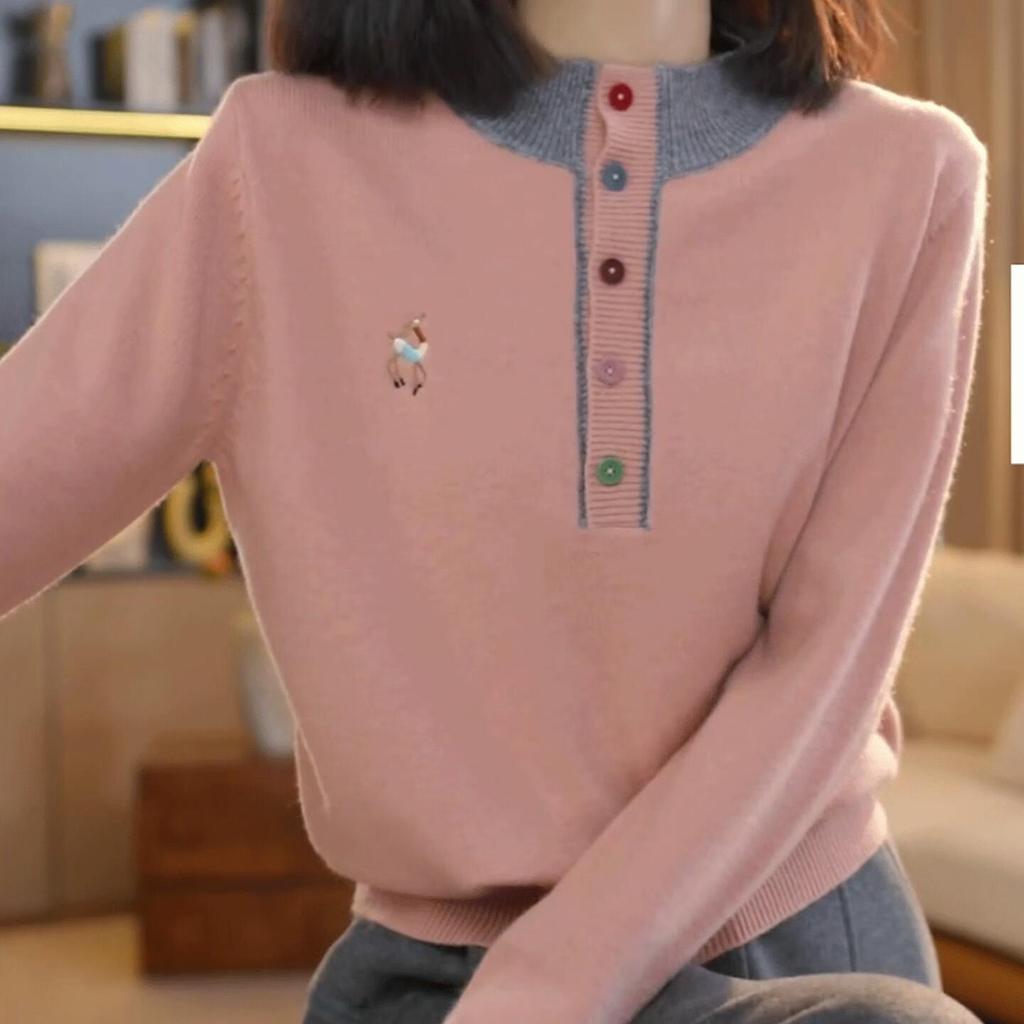 La Chapelle Women's Contrast Polo Collar Short Sleeve Knit Sweater
