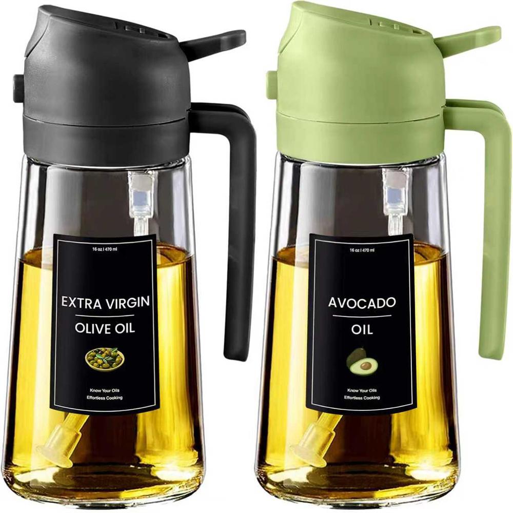 Oil Sprayer for Cooking,2in1 Olive Oil Dispenser Bottle for Kitchen with Stickers,16oz/470ml Premium Glass,Food-grade Oil Mister