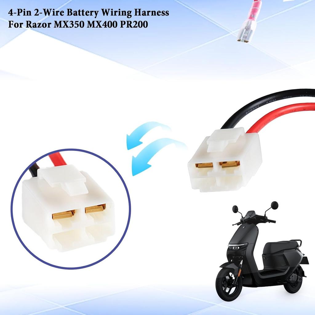 Battery Wiring Harness Kit for Razor MX350, MX400, 14AWG 4-Pin 2-Wire | Replacement Power Cable for Electric Scooters