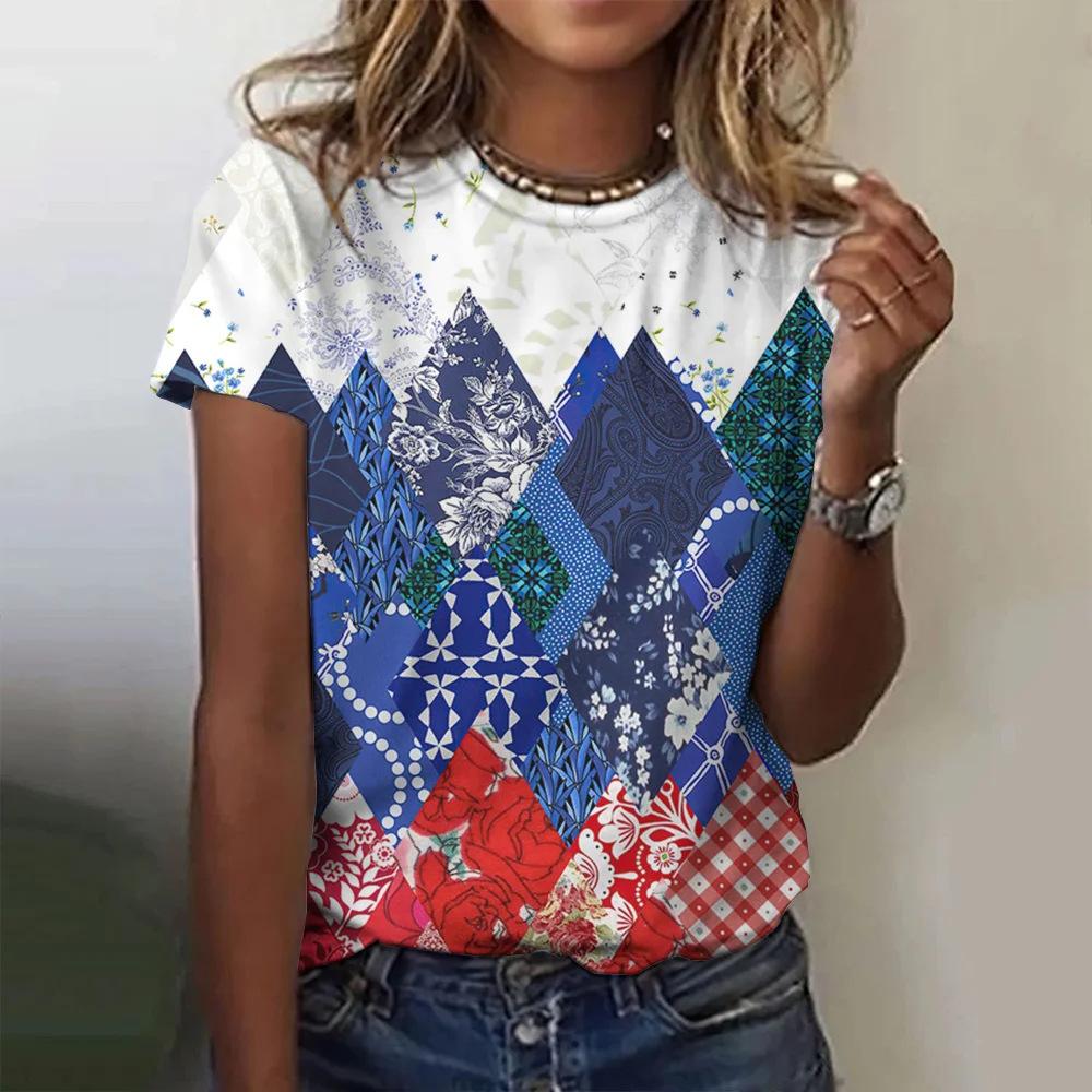 Plaid Printing Women's Printing Fashion Crew Neck Short Sleeve Casual Daily Wide T-Shirt Clothing