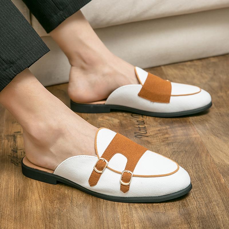 Canvas Men Semi-Drag Casual Shoes Slip On Flats Half Shoes For Men Backless Loafers Slipper Closed Toe Sandals Mules Man Slides