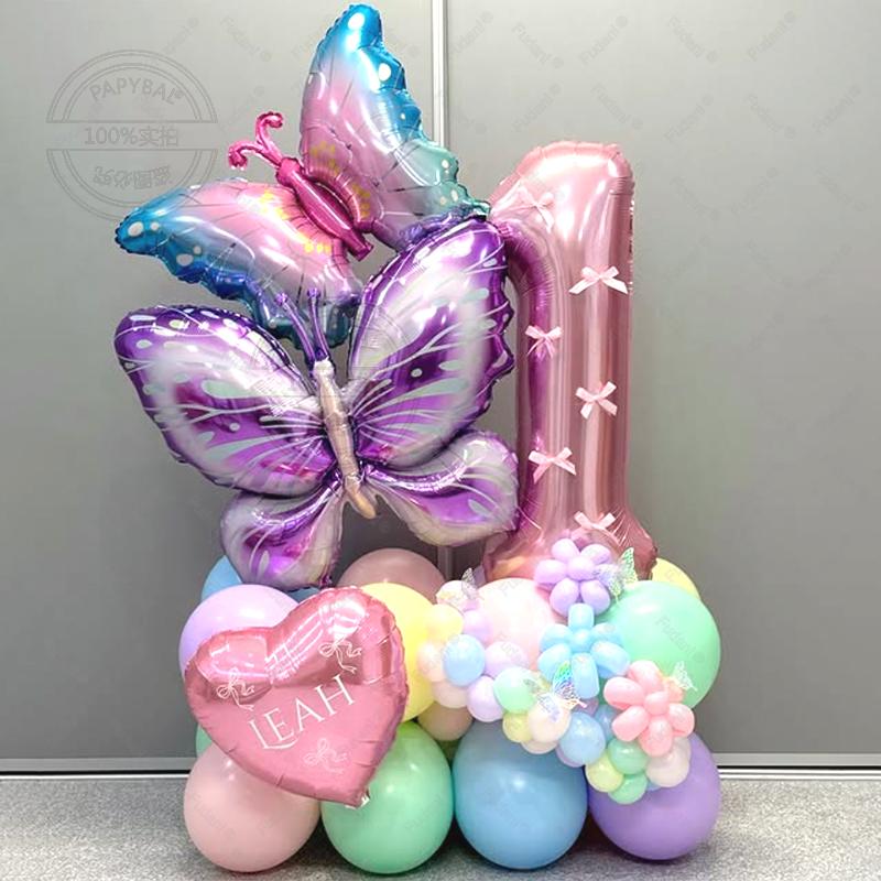56pcs/set Butterfly Number Balloon Set Pink Numbers 1-9 Purple Butterflies for Valentine's Day Anniversary Birthday Party Decors