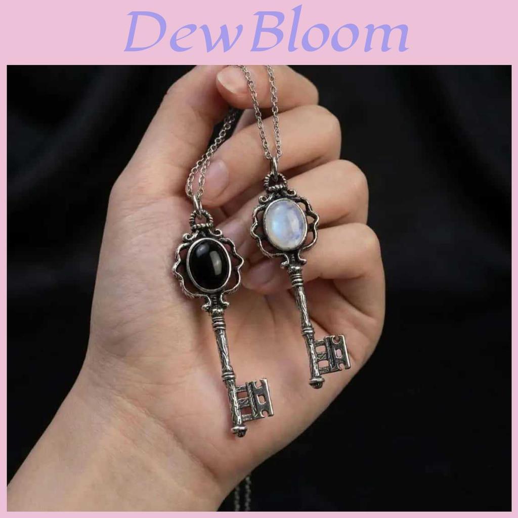 Dark Academy Key Pendant Necklace With Moonstone And Obsidian For Gothic Women