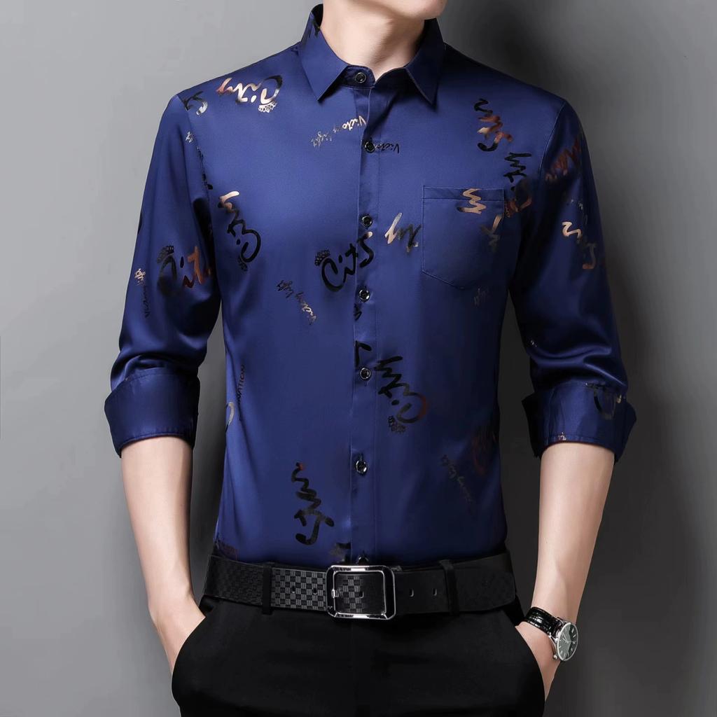 Men's Long Sleeved Casual Shirt Spring and Autumn Fashion Korean Version Slim Fit Shirt Men's Printed Letter Top