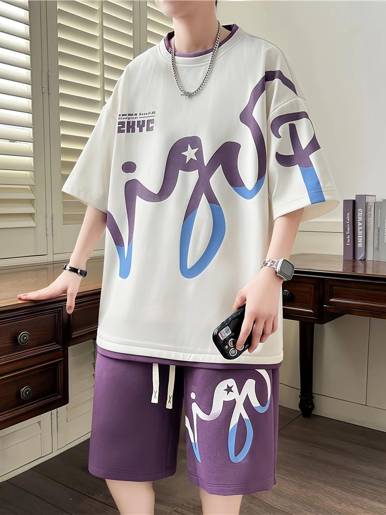 2025 Summer Men's Set, Korean fashion two-piece sportswear for men, trendy men's clothing, jogging set, T-shirt + shorts set, po