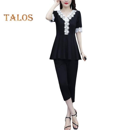 

Женский летний повседневный комплект из двух предметов с V-образным вырезом, короткими рукавами, кружевной отделкой, брюками-семь четвертей, женский рабочий наряд L