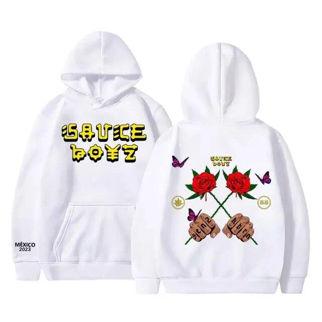 Moletom com capuz estampado de álbum de música Sauce Boyz, rapper americano Eladio Carrion, flor rosa, moletom com capuz unissex, moda feminina, tops grandes