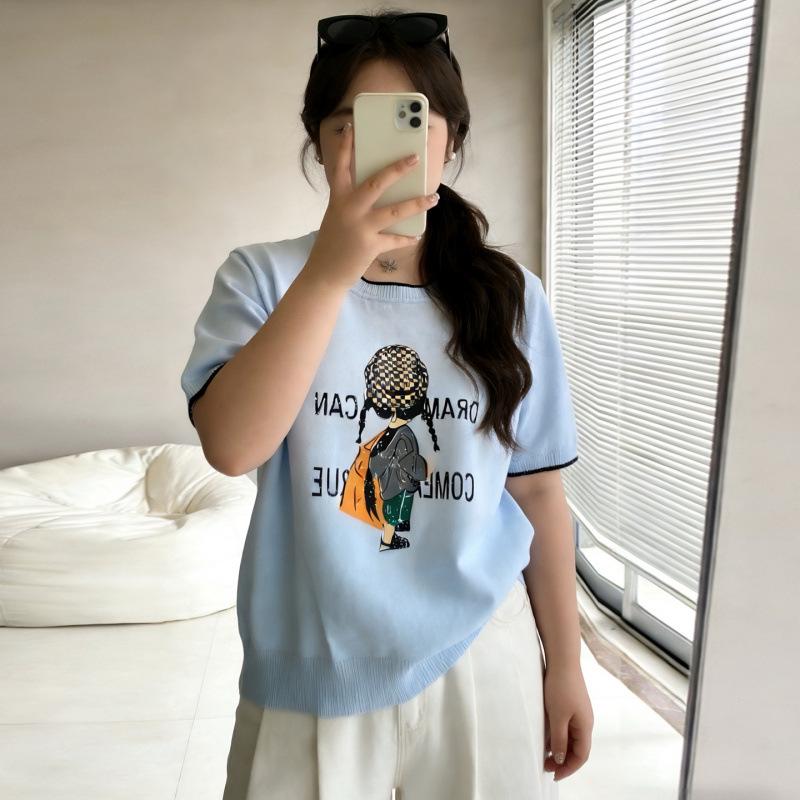 2026 Plus Size Women's Ice Silk Knit Print T-Shirt - Spring/Summer Collection, Loose Fit, Slimming, Short Sleeve