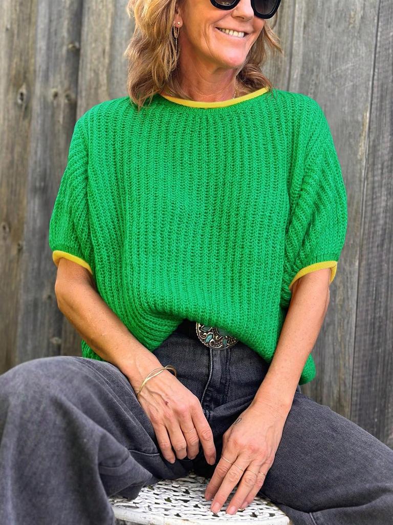 Women's Color Block Puff Sleeve Knit Sweater Crew Neck Ribbed Going Out Top