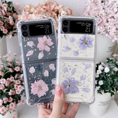 Luxus Getrocknete Echte Blume Damen Hülle für Samsung Galaxy Z Flip 4 2 3 1 Transparent Klar Stoßfest Weich flip4 Flip3 Flip2 Hülle