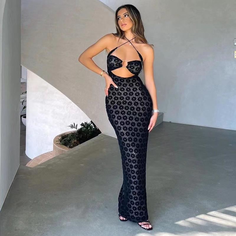 Women Summer Sexy Backless See Through Club Party Gown Elegant Floral Halter Cut Out Maxi Dress