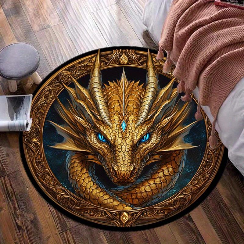 Golden Dragon Head Round Rug Mythical Beast Fantasy Animal Art Blue Eyes Dragon Bedroom Decor Anti Slip Floor Mat 60cmx60cm