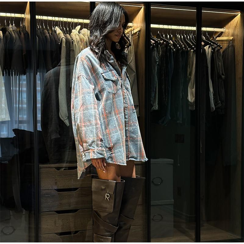 Blue Plaid Shirt Jacket Women's Spring Autumn 2025 New Elegant High-End Feel with Button Down The Front Female Casual Loose Blouses