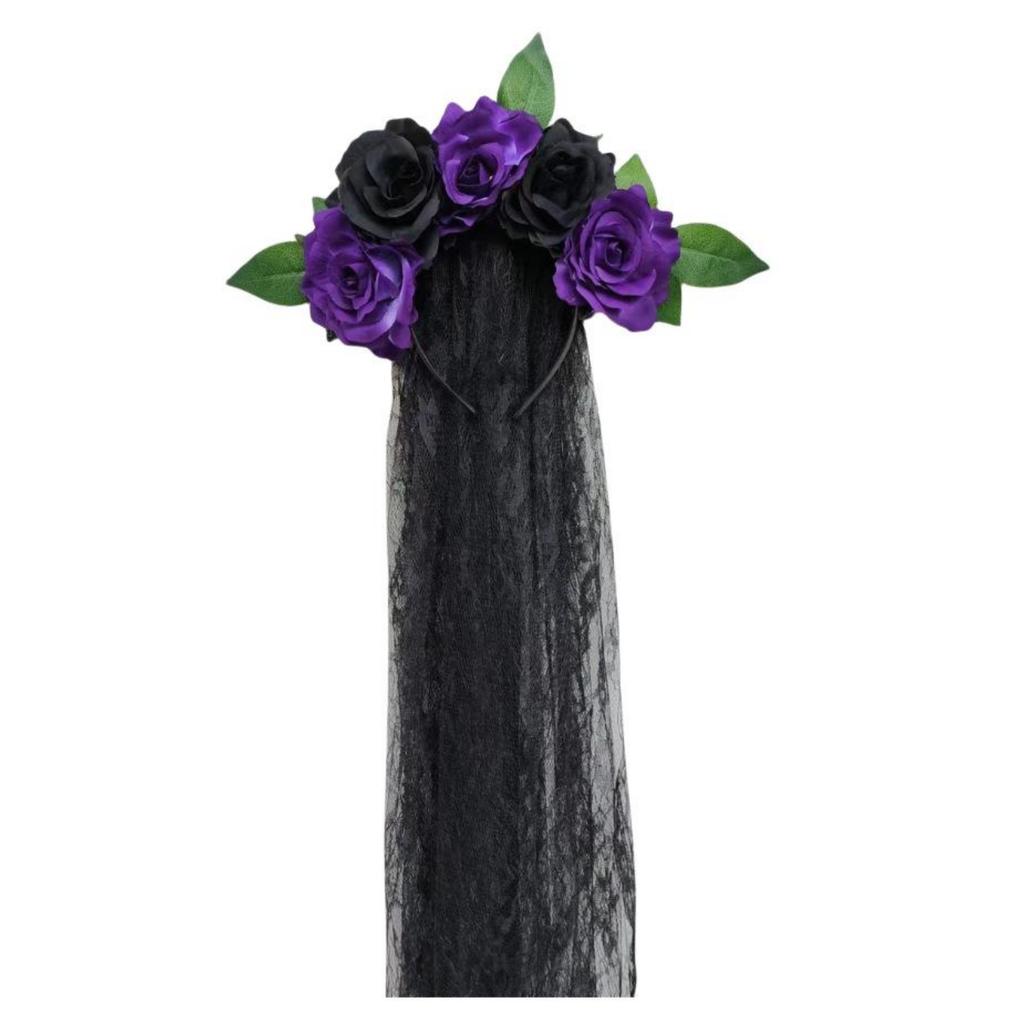 Halloween Headband Wreath Simulated Rose Flower Headband Lace Veil Bridal Party Headband Headband