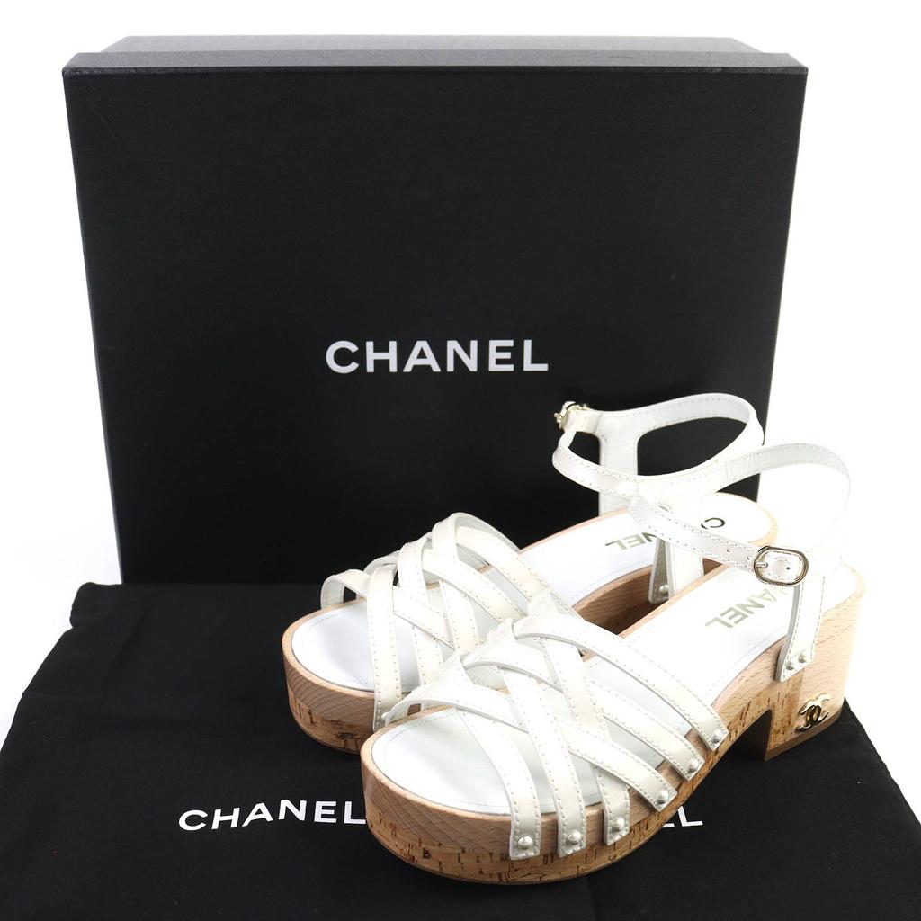 CHANEL Sandals COCO Mark Ankle with Strap in Patent Leather Ivory 36 18C G33537 Used