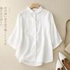 2025 Summer New Seven-quarter-sleeved Polo Neck Cotton and Linen Shirt Women's Retro Organ Pleated Solid Color Cardigan Top