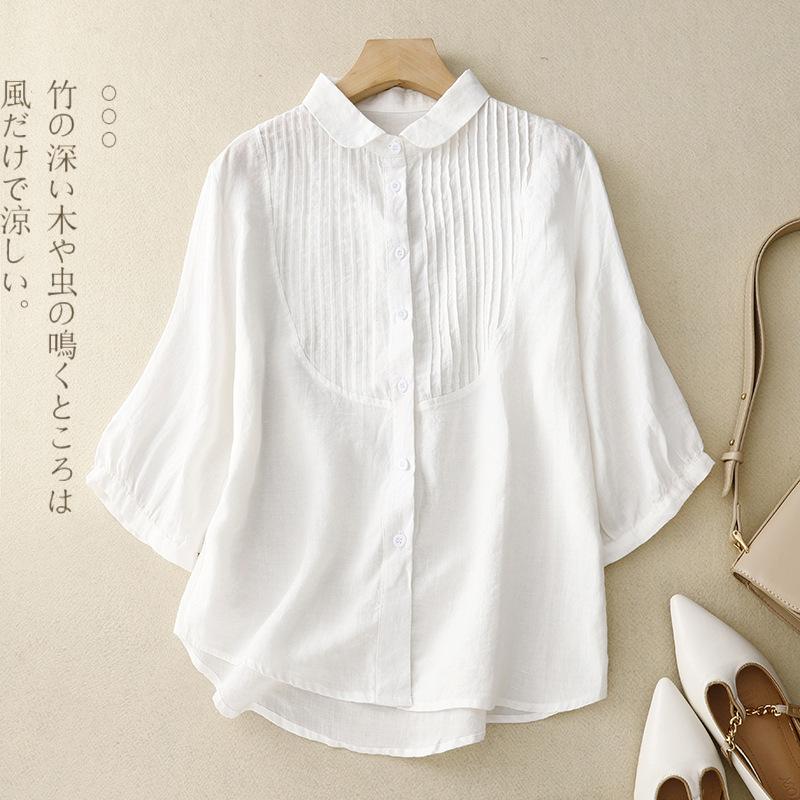 2025 Summer New Seven-quarter-sleeved Polo Neck Cotton and Linen Shirt Women's Retro Organ Pleated Solid Color Cardigan Top