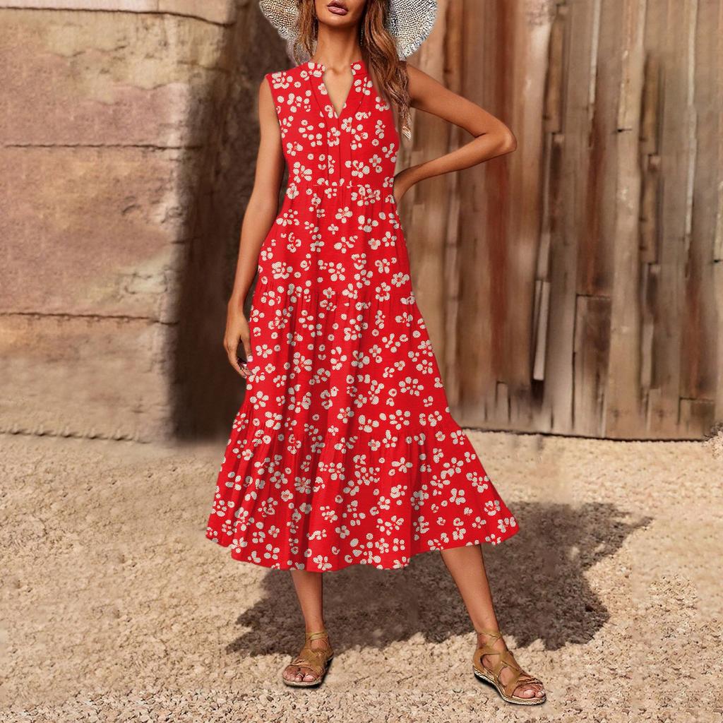 Lässiges und modisches ärmelloses Kleid mit V-Ausschnitt und mittellanger Bedruckung für Damen