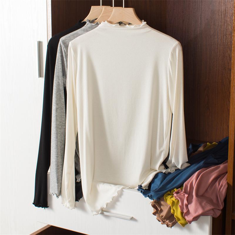 Women's Korean Style Modal Long Sleeve Base Layer T-shirt, Half-High Neck, Plus Size, Thin, Solid Color, Autumn Top