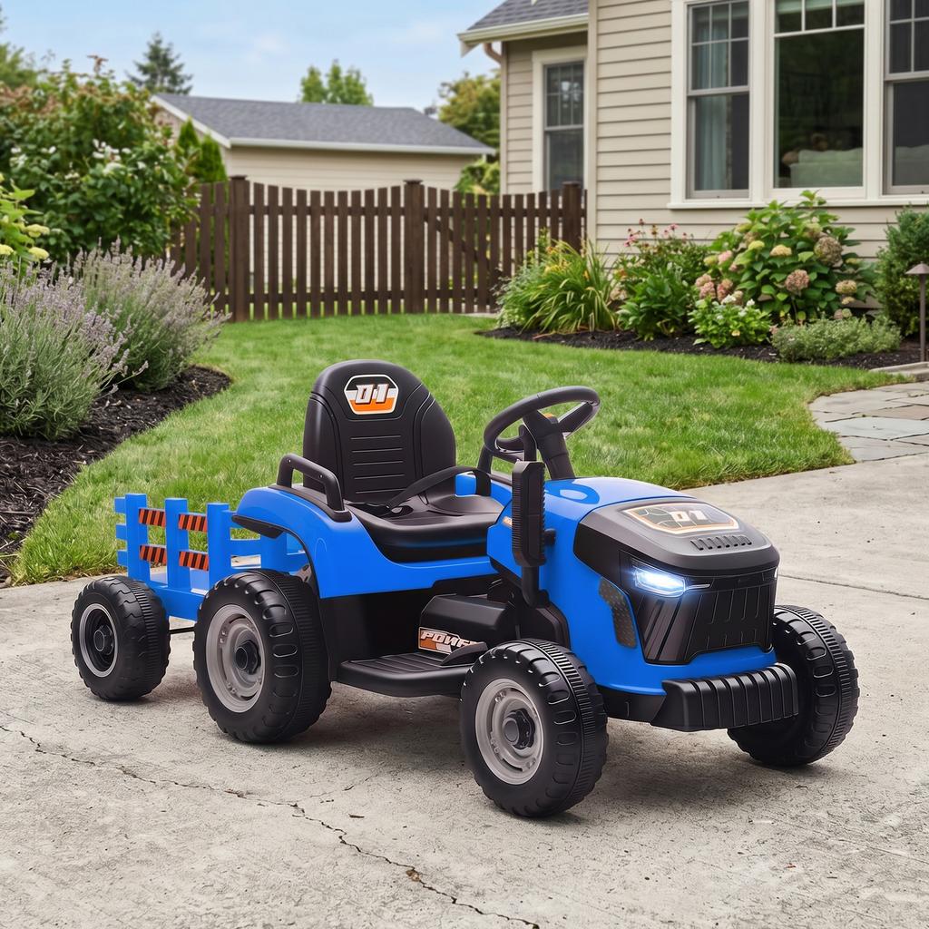 Electric Tractor, Kids, Detachable Trailer, 12V, 3-5 Km/h, 2.4G Remote, Blue