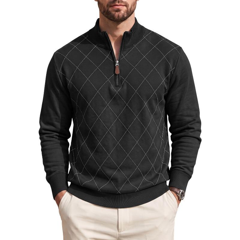 Men's Slim Fit Diamond Pattern Sweatshirt, Half-Zip Stand Collar Pullover, Long Sleeve Casual Top