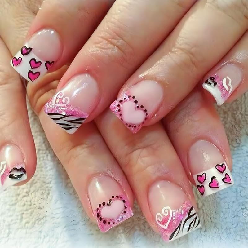 JUHUI Flower Press on Nails Short Square False Nails with Floral Design Orange Purple French Tip Nails 24Pcs