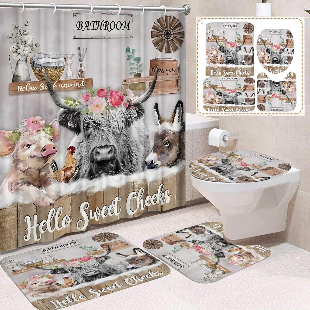 Cute Highland Cattle Printed Shower Curtain Waterproof Durable Polyester Bath Curtain For Home New Year Christmas Bathroom Decor