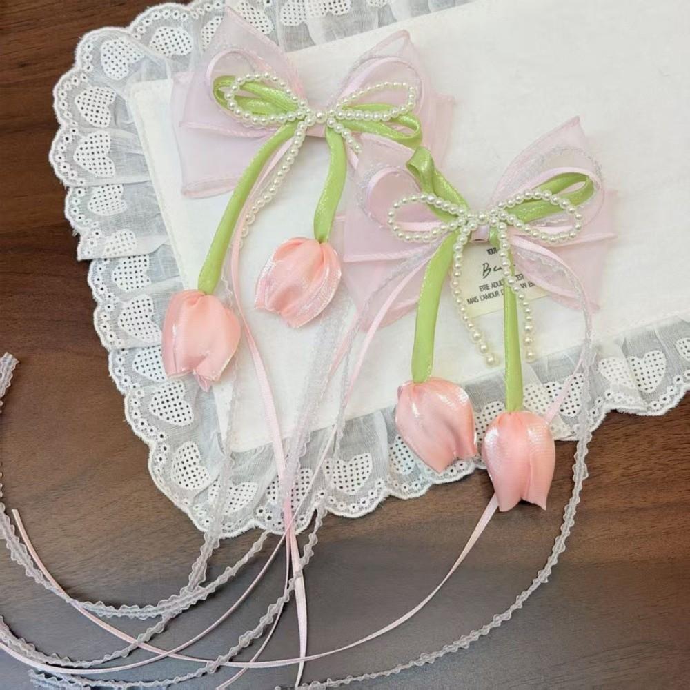 

Chiffon Bowknot Chiffon Tulip Hair Clips Pearl Flower Bow Hairpin Girl Hair Accessories розовый