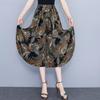Women's Floral Cotton Silk Wide-Leg Skirt Pants - Summer Casual Elastic Waist, Plus Size, Lightweight Seven-Point Length.
