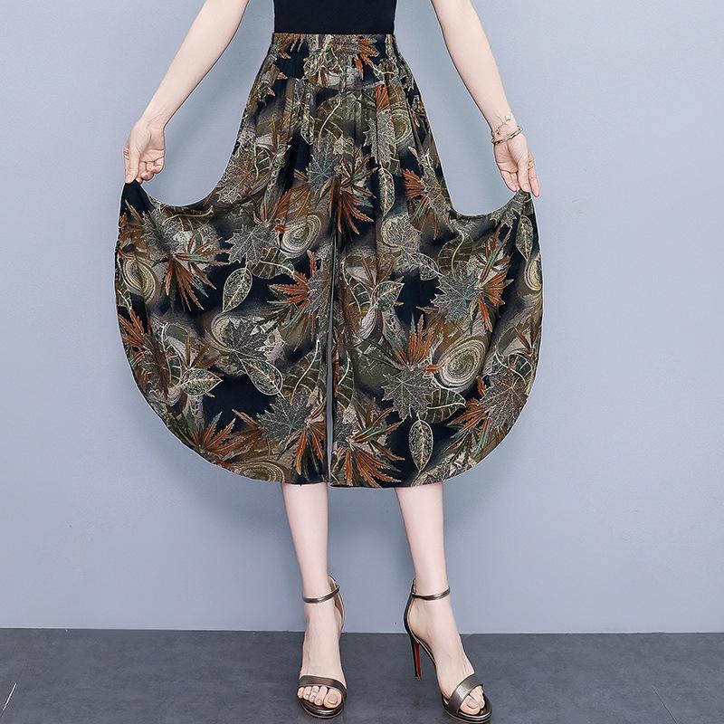 Women's Floral Cotton Silk Wide-Leg Skirt Pants - Summer Casual Elastic Waist, Plus Size, Lightweight Seven-Point Length.