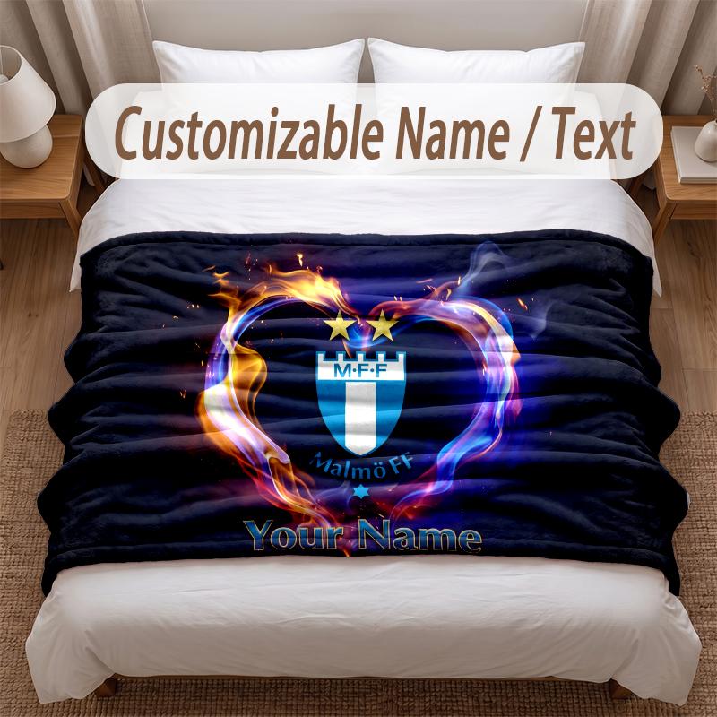 Malmö FF Printed Flannel Blanket Custom Name Text Soft Warm Throw For Bedroom Holiday Gift