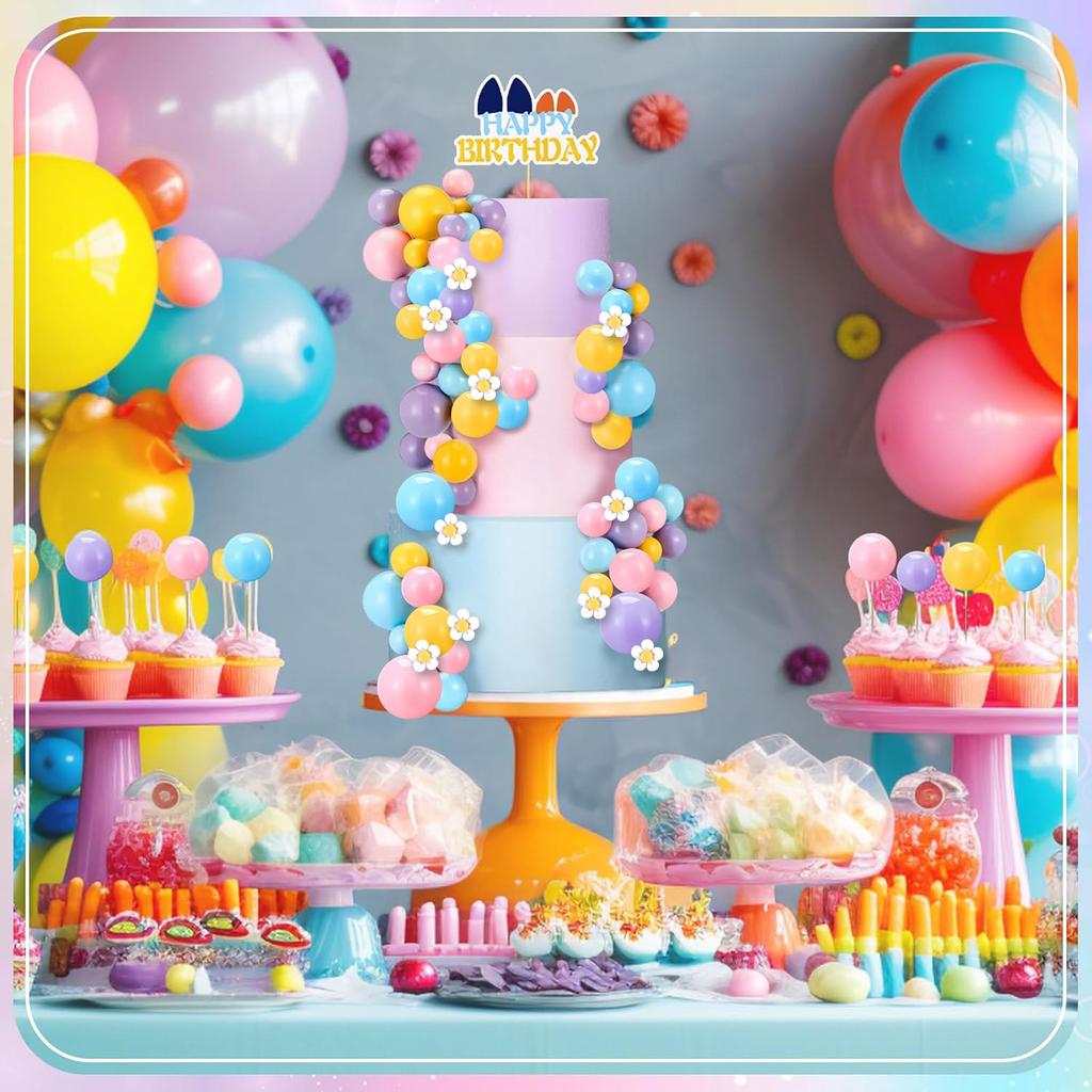 63Pcs Blue Dog Cake Toppers with Balls and Flowers for Birthday Decoration Groovy Pastel Cupcake Inserts Hippie Wedding Party