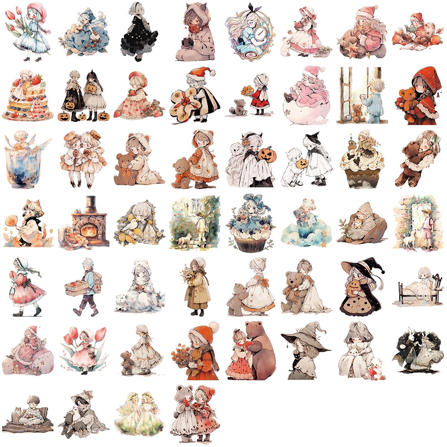 

52PCS Cartoon Watercolor Fairy Tale Sticker Pack Waterproof Transparent PET Booklet Decorative Guitar Notebook Plastic Stickers