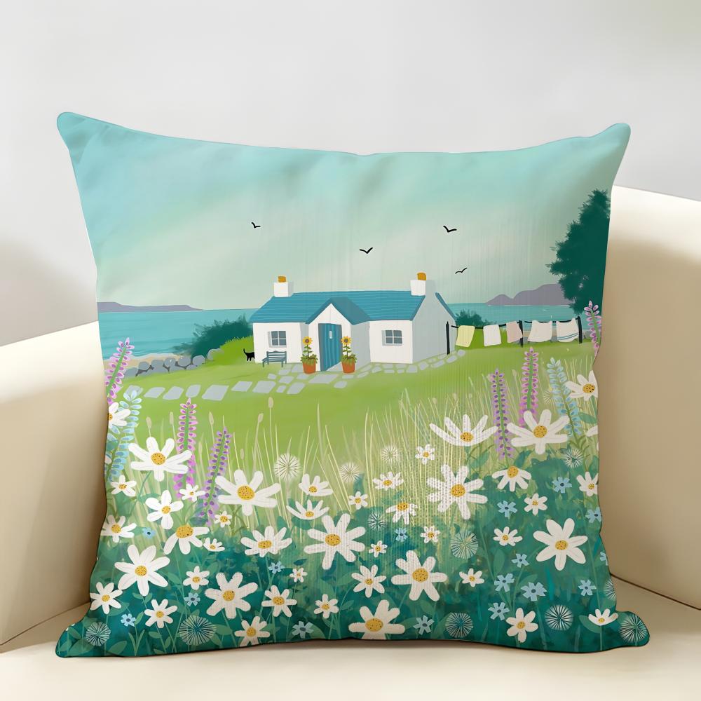 Retro Springtime Village Plants Cushion Cover Natural Linen Organic Fabric DoubleSided Printing Room Sofa Decor Pillow Case