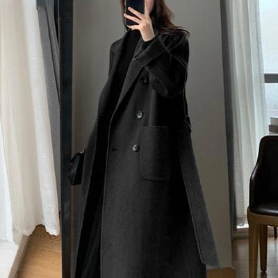 Woolen Long Coat Casual Women Double Breasted Faux Wool Jacket Fall Fashion Korean Ladies Black Clothes New Winter