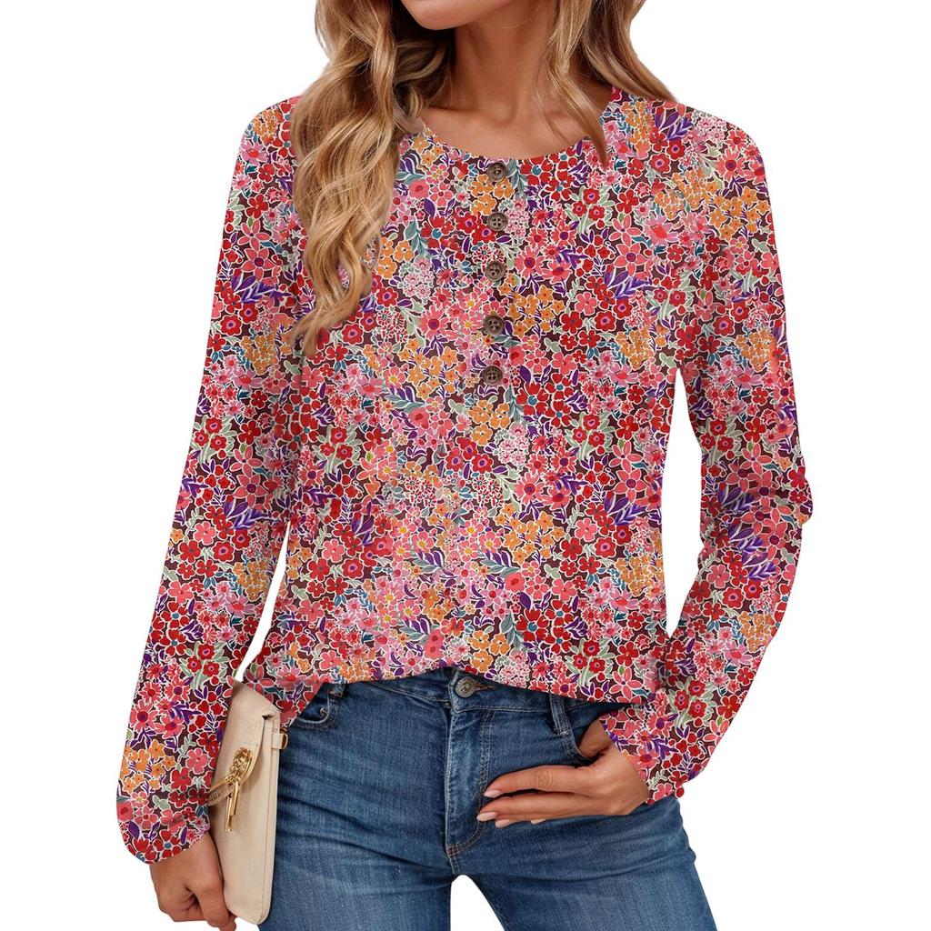 Damen Modisches Vintage Floral Print Rundhals Langarm Oberteil