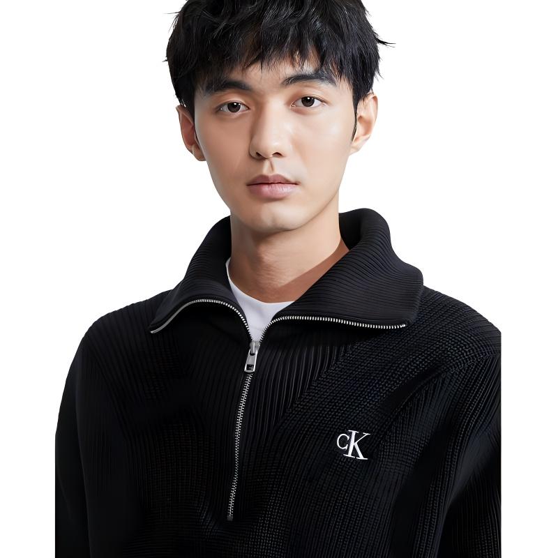 Calvin Klein Cotton Letter Pullover Long Sleeve Knit Sweater Men sweater Space-Black J325481