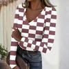 Women's Casual V-Neck Plaid Print Long Sleeve Ribbed Top for Fall and Everyday Wear