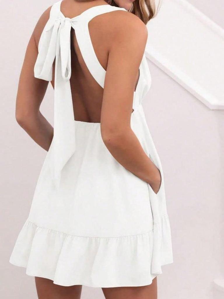 Womens Summer Deep V Neck Ruffle Mini Dress Backless Strappy Beach Dress